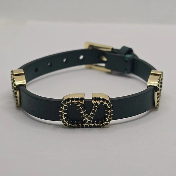 Valentino V Logo Signature Leather Bracelet in Black or Green - Picture 2 of 16